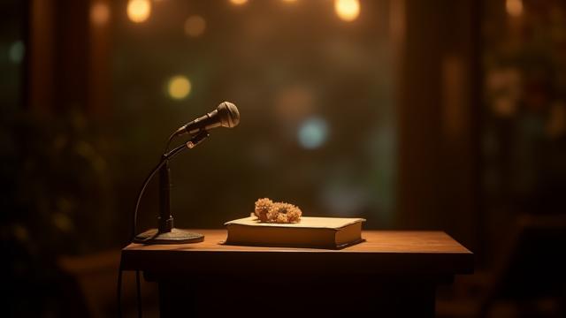 Larawan ng isang podium na may mikropono at libro para sa isang gabi ng tula